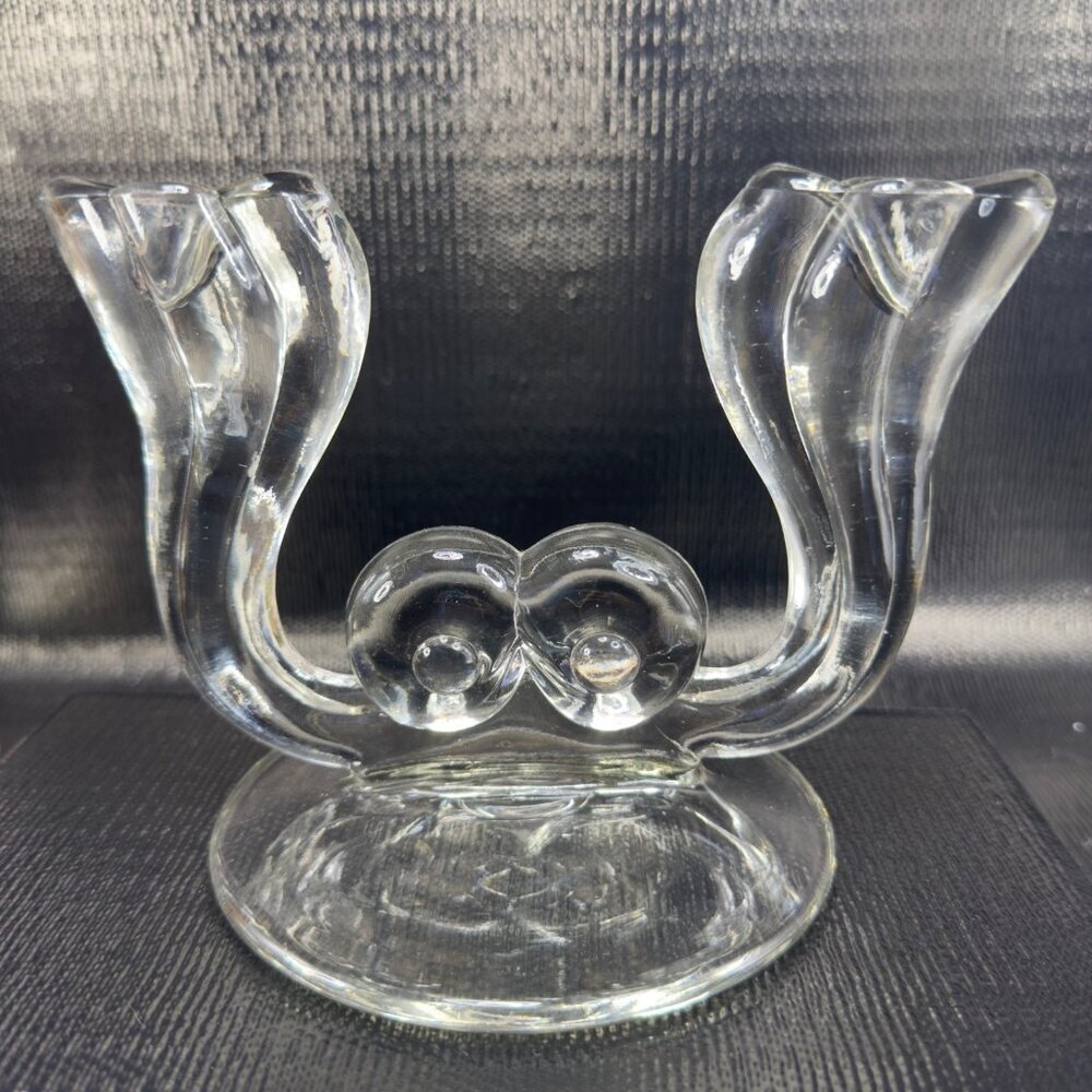 Vintage 1980s Double Arm Clear Pressed Glass Candle Stick Holder Clear Heavy VTG